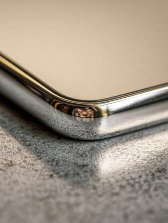 A sleek, silver device corner captures gentle sunlight, creating subtle shadows on a textured surface amid a cozy, earthy outdoor environment.の写真素材