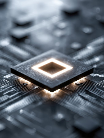 A luminous microcomponent embedded within a complex circuit layout, symbolizing cutting-edge innovation and the evolution of modern digital architecture.の写真素材