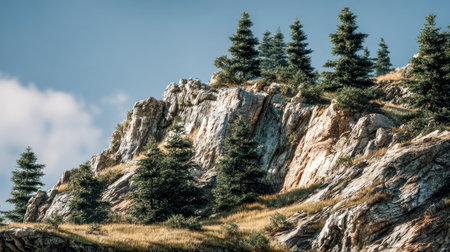 A rugged mountain incline blanketed with hardy evergreens and patches of withered grass, set against a vibrant sky filled with gentle, wispy clouds.の写真素材