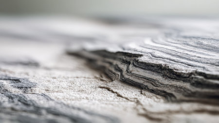 A close-up of stratified rock layers revealing intricate patterns and weathered surfaces, with a blurred backdrop emphasizing natural geological formations.の写真素材