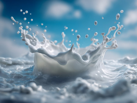 A vivid burst of silky white liquid erupts against a gentle azure sky, capturing the energetic flow and graceful movement in a lively outdoor scene.の写真素材