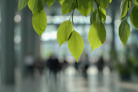 Lush, lively foliage in sharp detail contrasts with a sleek indoor environment bustling with people, illustrating harmony between natural elements and urban life.の写真素材