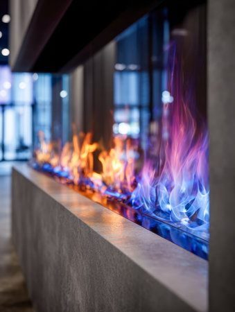 A sleek gas fireplace radiates fiery blue and orange hues, enhancing a contemporary living area adorned with glass details, evoking elegance and warmth.の写真素材