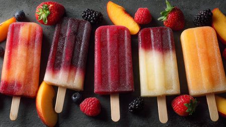 Colorful frozen treats are artfully displayed on a sleek black background, complemented by an assortment of ripe berries and juicy peach slices for a cool summer vibの写真素材