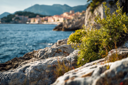 Bright sunlight illuminates rugged cliffs dotted with lush greenery, gently sloping towards a serene turquoise bay with a charming mountain village in the distance.の写真素材