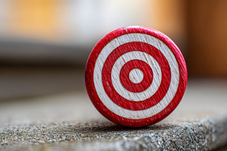 A vibrant wooden disc with concentric red and white rings rests atop rugged stone, evoking clarity and sharp aim amid soft indoor glow and gentle natural illuminatioの写真素材