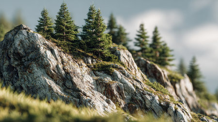 A tranquil wilderness scene featuring rugged granite formations and vibrant evergreen foliage beneath a dramatic, cloud-filled sky, emphasizing natural textures andの写真素材