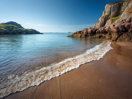 A tranquil seaside scene featuring soft surf caressing golden sands, framed by jagged cliffs and lush hills, under a crisp azure sky, evoking peace and natural beautyの写真素材