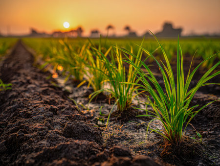 Vibrant young rice seedlings thrive in a reflective, water-filled paddock bathed in the soft glow of sunset, highlighting moist earth and rural farmland serenity.の写真素材