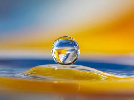 A clear droplet suspended mid-air mirrors vivid blue and yellow shades, forming an artistic, swirling composition atop a sleek liquid mirror.の写真素材