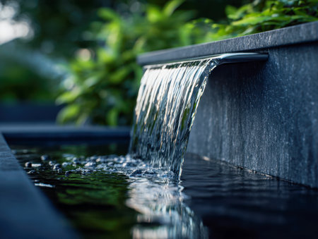 A peaceful garden scene featuring a sleek stone fountain with soft water streams, mirrored in a calm pond amid vibrant foliage and flourishing plants.の写真素材