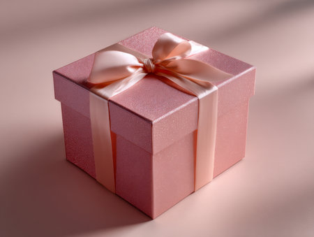 A delicate pink package adorned with a glossy satin bow rests softly against a gentle pastel backdrop, capturing the essence of joy, elegance, and memorable moments.の写真素材