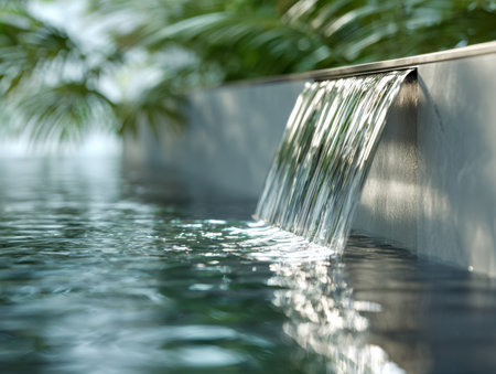 A sleek outdoor pool with a gentle waterfall spilling over a concrete ledge, framed by vibrant greenery and illuminated by warm, diffuse sunlight, evoking serenity.の写真素材