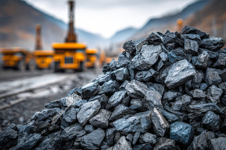 A vast heap of glistening black coal dominates the foreground, while yellow heavy equipment blades blur in the distance against rugged mountain terrain.の写真素材