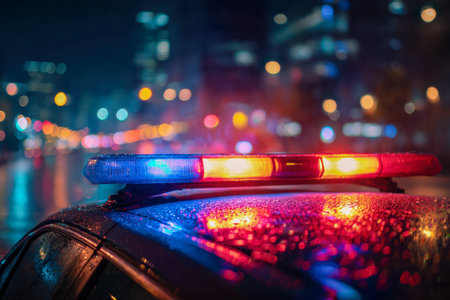 Glowing emergency lights cast vivid reflections on a damp car surface, set against a lively city backdrop bathed in neon glow and bustling nightlife energy.の写真素材