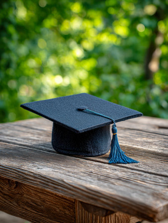 A vibrant blue graduation cap with a tassel rests on weathered wood, surrounded by greenery, evoking a joyful outdoor achievement moment.の写真素材