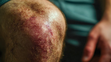 A close-up of a skinned knee with noticeable redness, swelling, and bruising on a hairy leg, with a blurred figure seated in the background suggesting concern or resの写真素材