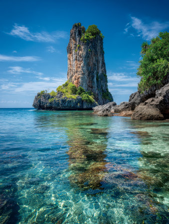 A towering limestone formation draped in vibrant foliage rises dramatically from pristine blue waters, mirroring its lush silhouette beneath a radiant sky.の写真素材