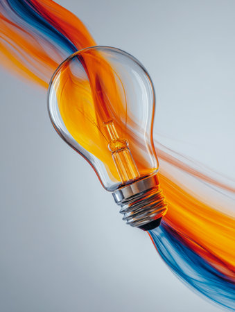 A transparent incandescent bulb hosts dynamic, flowing ribbons of vivid orange and blue, symbolizing innovative ideas and energetic creativity.の写真素材