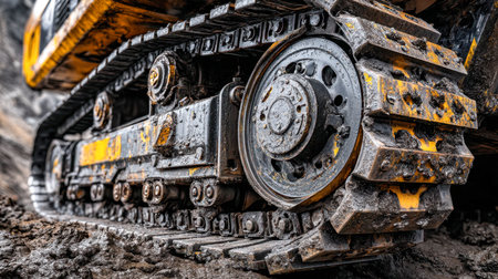 A close-up of a tough, weathered construction vehicle's track, layered in thick mud and dirt, highlighting the demanding conditions of excavation at a muddy site.の写真素材