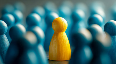 A striking yellow wooden figure commands attention among softly blurred blue counterparts, emphasizing uniqueness and confident leadership through vivid color and boの写真素材