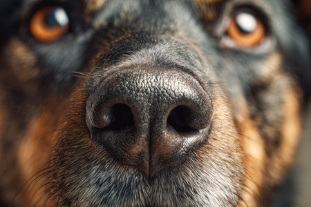 A vivid snapshot capturing a dog's inquisitive expression, highlighting its textured snout, shimmering amber eyes, and intricate fur markings that reveal personalityの写真素材