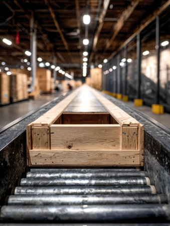 An expansive storage space featuring a streamlined conveyor setup with wooden trays gliding across sturdy metal rollers, illuminated by intense overhead lights for eの写真素材