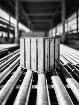 A solitary wooden box rests atop smooth conveyor rollers, stretching into the distance within a vast, sunlit industrial space that highlights perspective and spatialの写真素材
