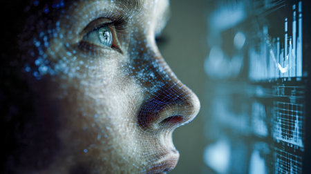 A cybernetic portrait blending human features with luminous digital frameworks, showcasing interactive holograms and neural data flows for advanced ai interface concの写真素材