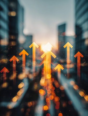 Dynamic arrows ascend against a softly focused city skyline bathed in warm glow, evoking innovation, ambition, and the pursuit of development.の写真素材