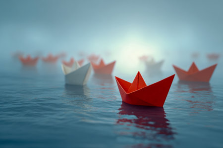 A solitary crimson paper vessel glides serenely across still waters, guiding a flock of gently blurred pastel boats through a dreamy, foggy landscape illuminated witの写真素材