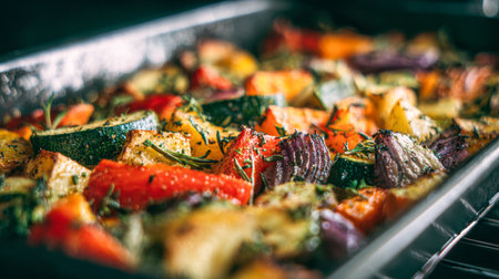 A vibrant mix of roasted zucchini, red onions, and colorful bell peppers, topped with herbs, sizzling on a wire rack as they bake to perfection.の写真素材