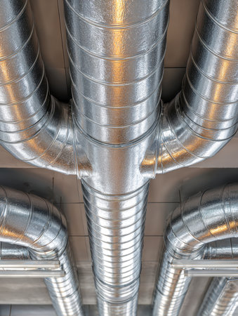 A network of sleek metal ducts and pipes arranged along a high ceiling, ensuring optimal airflow and climate control within a contemporary office or retail space.の写真素材