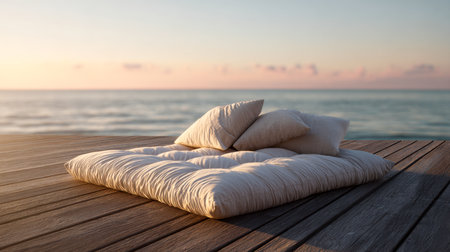 An inviting outdoor nook features plush cushions and gentle pillows on a wooden platform, offering a tranquil retreat beneath a pastel sunset over serene ocean waterの写真素材