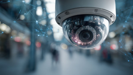A sleek security camera oversees a contemporary indoor environment, with digital connection icons highlighting integrated smart security systems.の写真素材