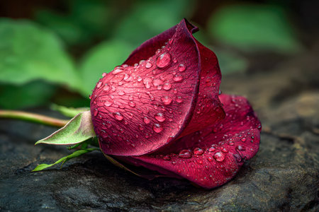 A vivid crimson petal glistening with tiny rain droplets, gently lying on textured stone amid lush greenery with soft, out-of-focus leaves in the backdrop.の写真素材