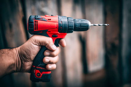 A hand grips a vibrant red and black cordless drill, poised with a sharp bit, against a softly blurred wooden surface, signaling preparation for diy projects.の写真素材