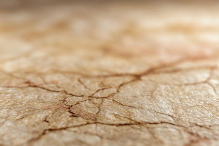 Sunlit desert terrain reveals intricate, fragmented patterns in arid soil, with soft focus highlighting its rugged, weathered surface under warm illumination.の写真素材