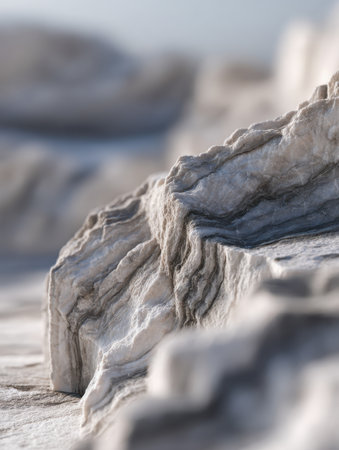 A detailed view of weathered sedimentary layers, highlighting intricate striations and gentle erosion, set against a tranquil natural setting with a blurred landscapの写真素材