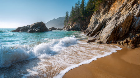 Calm turquoise waters lap over golden sands, bordered by jagged cliffs dotted with lush pines, under a crisp azure sky in a serene seaside scene.の写真素材