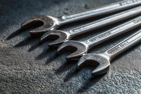 Four sturdy steel wrenches lie diagonally on a gritty surface, illuminated by intense light that casts dramatic, elongated shadows, emphasizing raw industrial strength.の写真素材