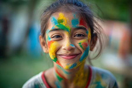 A cheerful girl radiates happiness as lively rainbow hues adorn her face, capturing the lively spirit of a sunny outdoor event filled with color and joy.の写真素材
