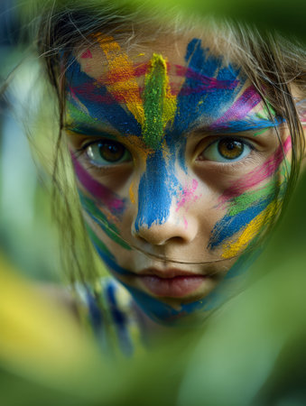 A striking portrait of a girl with a piercing stare, her face adorned with vivid abstract pigments, set against a softly blurred lush green backdrop.の写真素材
