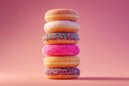 An eye-catching tiered display of vividly decorated donuts with glossy frosting, crunchy sugar, and festive sprinkles, set against a gentle pink backdrop for indulgenceの写真素材