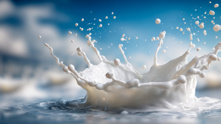 A dynamic cascade of smooth white fluid erupts onto a mirror-like surface, scattering lively droplets and ripples under a soft blue sky with gentle cloud formations.の写真素材