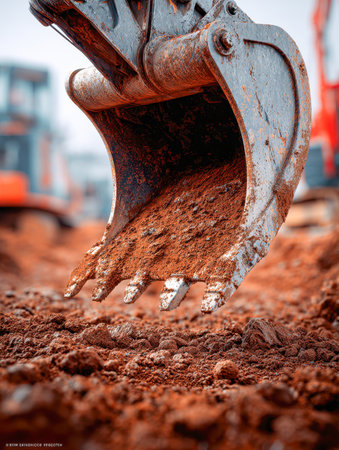 A weathered excavator attachment grips deep earthy tones, highlighting industrial strength amid a busy construction zone under bright daylight, with machinery and moの写真素材