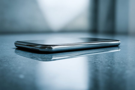 A contemporary smartphone rests gracefully on a mirror-like surface, illuminated by gentle lighting that highlights its refined, sleek lines and minimalist aestheticの写真素材