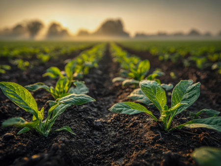 Vibrant seedlings emerge in rich soil as dawn's light reveals the promise of a bountiful harvest, with orderly rows symbolizing resilience and future prosperity.の写真素材