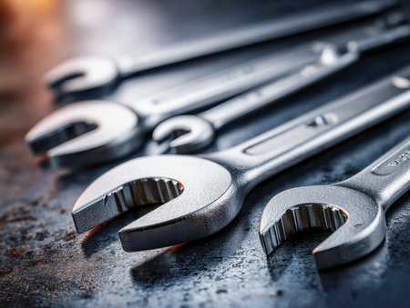 A collection of sleek steel wrenches in various sizes, laid out on a textured background, highlighting their open ends and glossy polish under gentle illumination.の写真素材