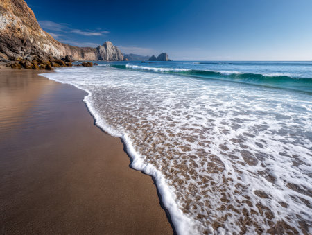Soft surf rolls onto a tranquil shoreline bordered by rugged cliffs and distant boulders, all beneath a bright, cloudless sky on a calm coastal afternoon.の写真素材